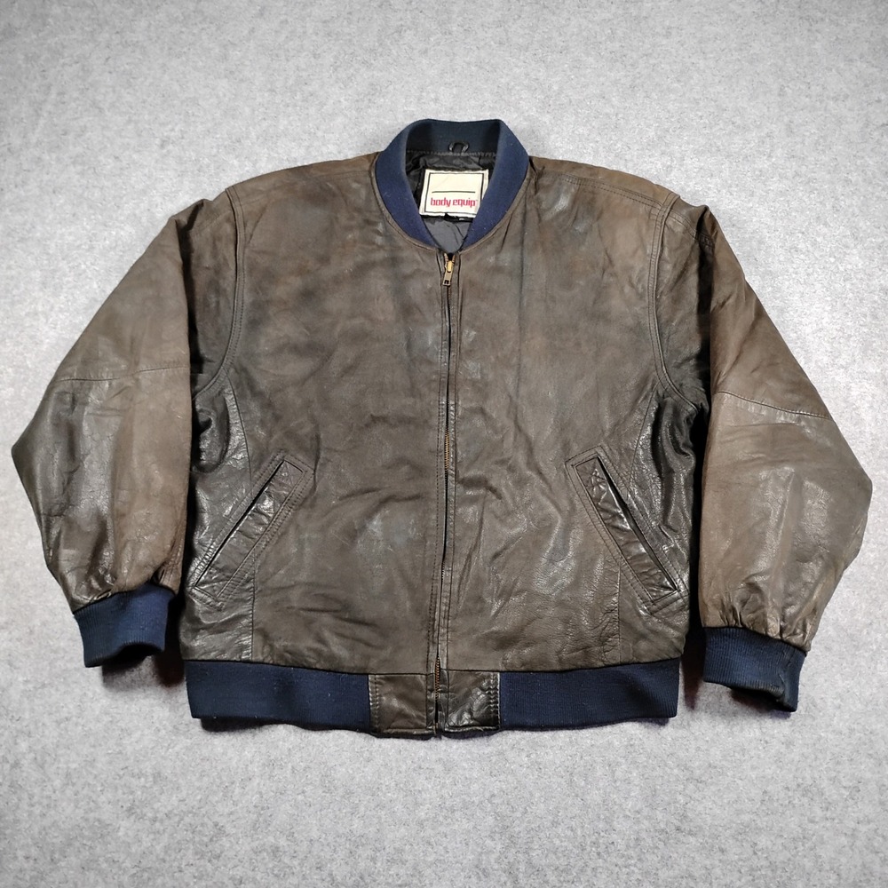 Body Equip Mens Vintage Leather Bomber Jacket Brown Navy Blue RN 53717 Size‎ M